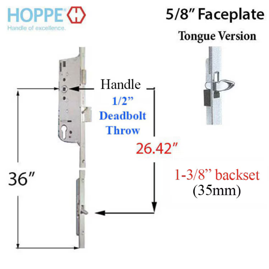 Hoppe Multipoint 1.38" Backset Manual Gear with Tongue Bottom Extension