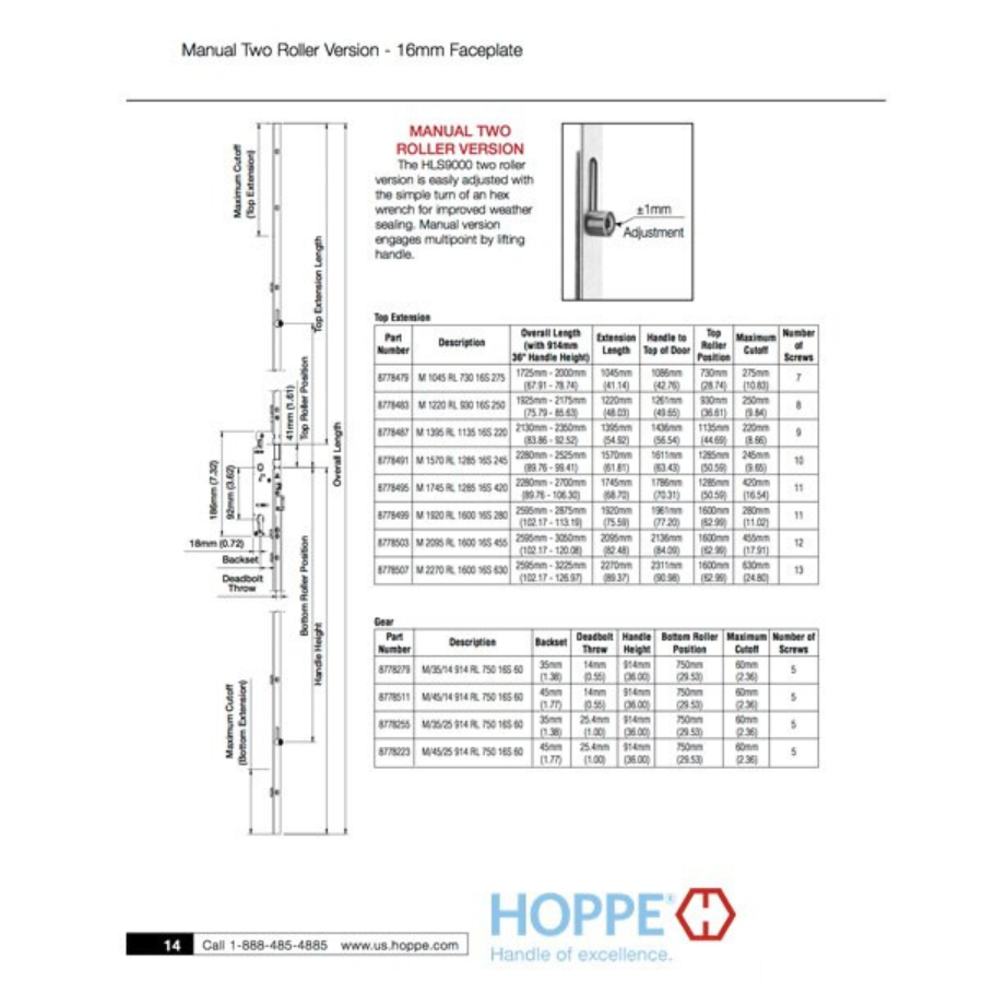 Hoppe 16mm Manual Gear, 45/92, Roller @ 29.53", 1/2" Deadbolt Throw - 8778511