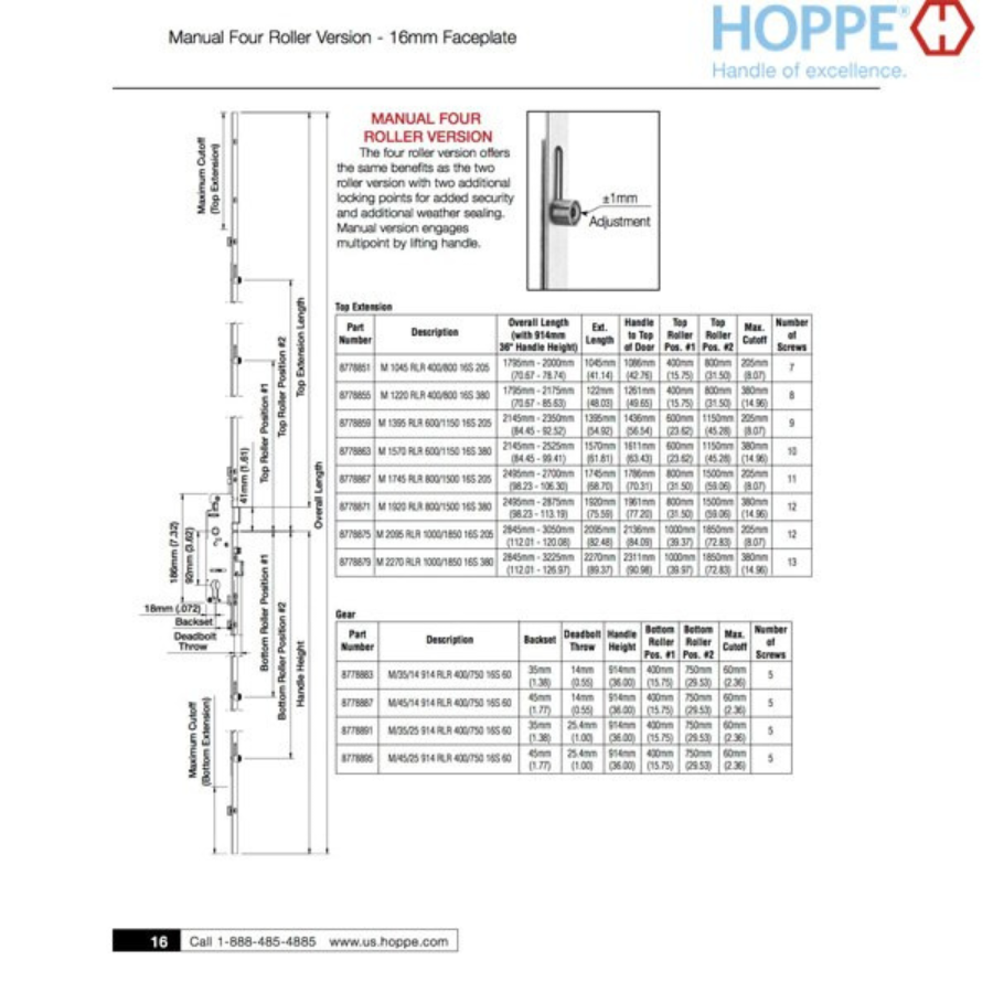 Hoppe 16mm Manual 4 Roller Gear, 35/92, @15.75 & 29.53", 1/2" D/B - 8778883