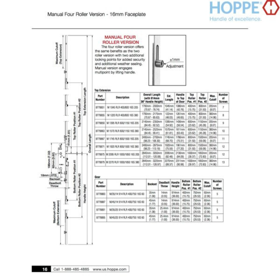 Hoppe 16mm Manual Gear, 45/92, Roller @ 15.75" & 29.53" - 8778895