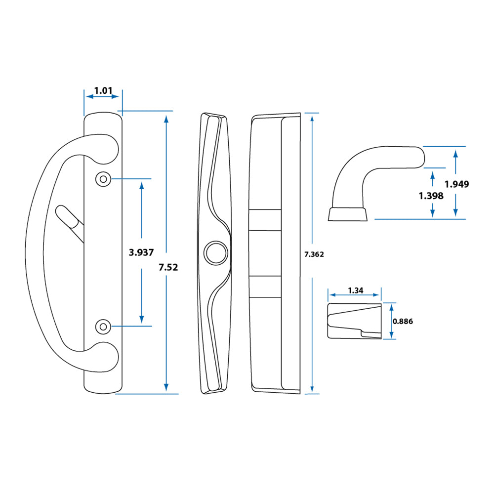 89060011 Euro-Charlotte Sliding Glass Door Handle in White Finish fits 3-15/16″ Center to Center Screw Holes