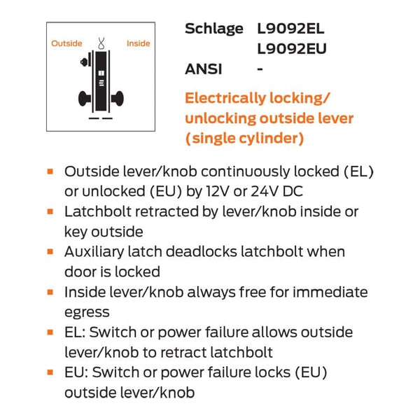 L9092P-EL/EU 06A Electrified Mortise Lock, 06 Lever, A Rose