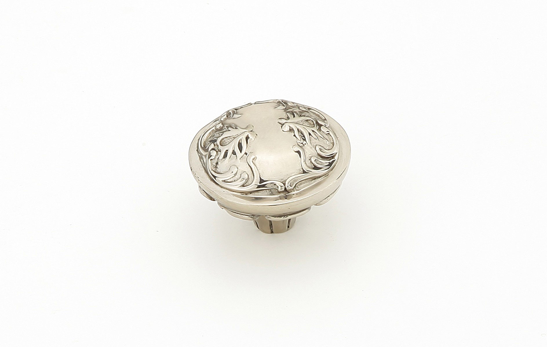 Schaub Cantata Round Knob - Scrolled designs with Petals on base in Polished White Brass