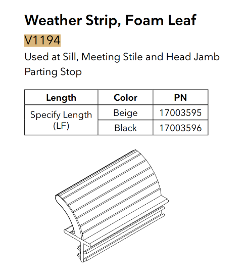 Marvin Sliding Patio Door Sill Weatherstrip V1138, Sold by foot - Beige
