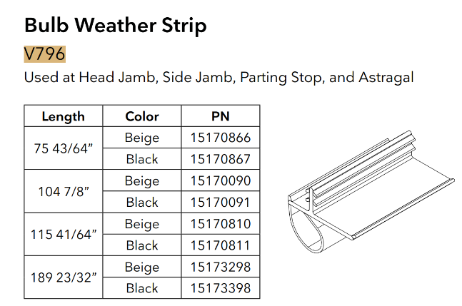 Marvin Clad inswing wood door jamb weatherstrip V796 Bulb, Frame 92-7/8" - Beige