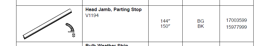 Marvin Head Jamb Parting Stop, V1194 Stile Weather Strip, sold by the foot