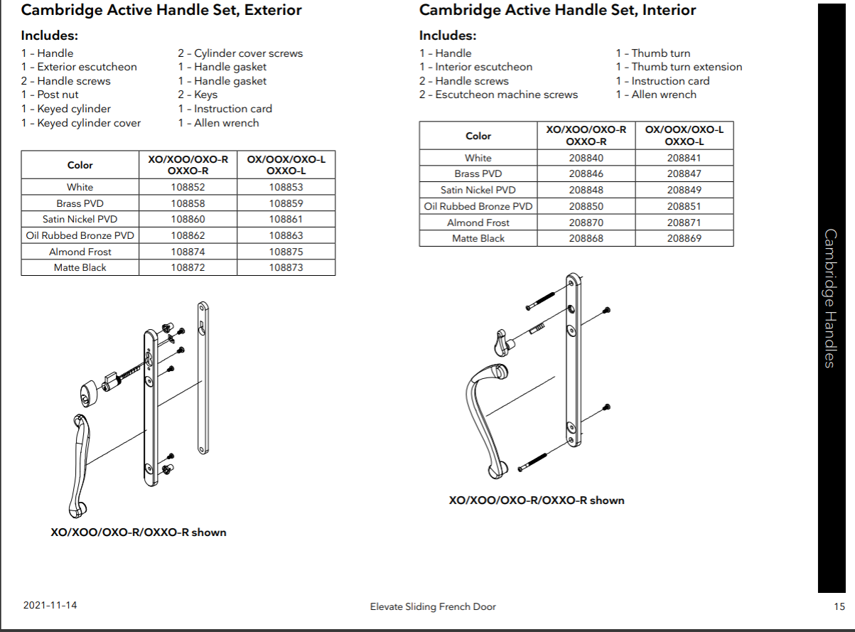 Elevate series, Sliding French Door handle, Interior Active Thumbturn, LHterior Active Thumbturn, LH