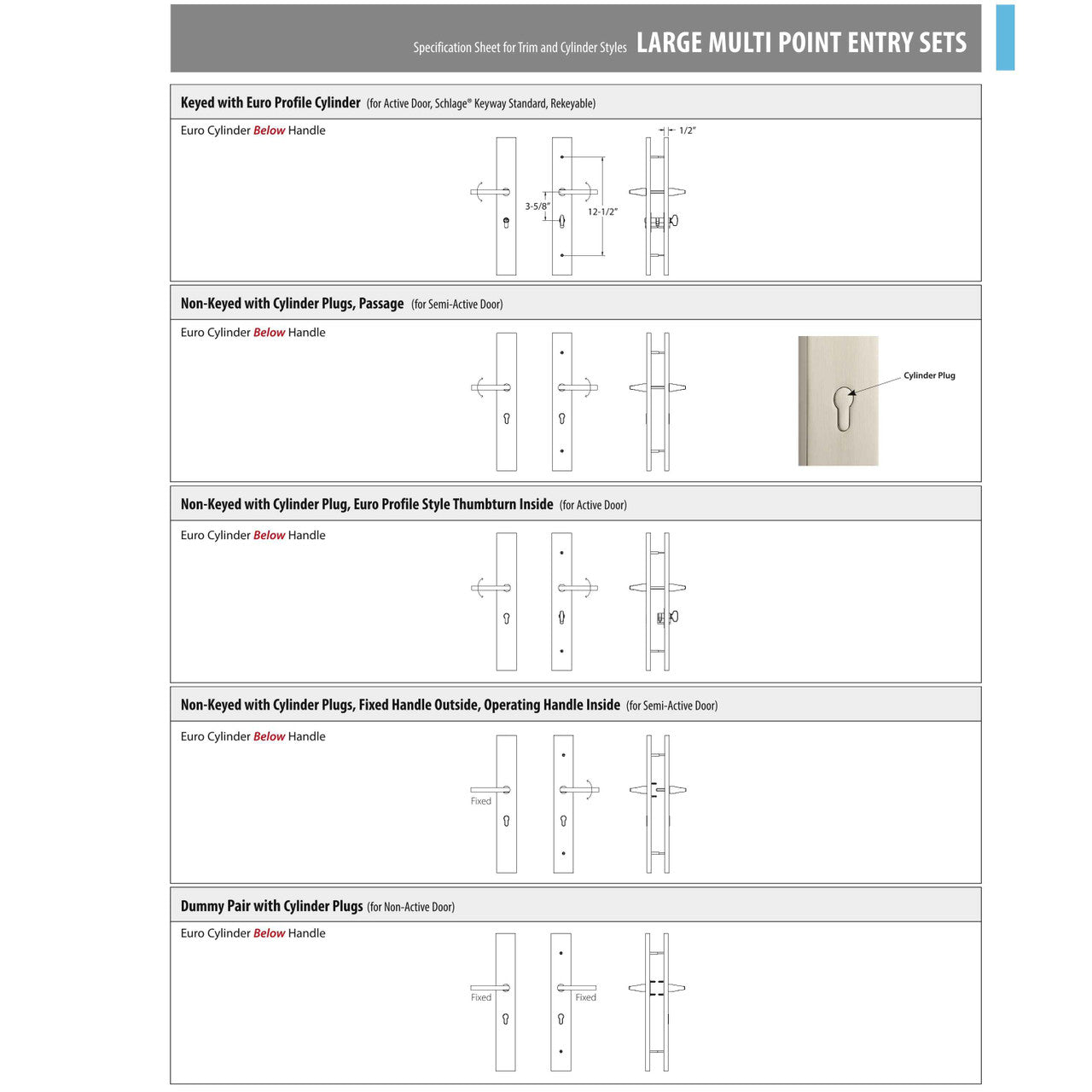 Emtek 1L1R51 Multi Point Lock Trim (Large Multi Point Entry Set) - Brass Plates, Modern Rectangular Style (2.9" x 17.5"), Keyed with Euro Cylinder Hub BELOW Handle