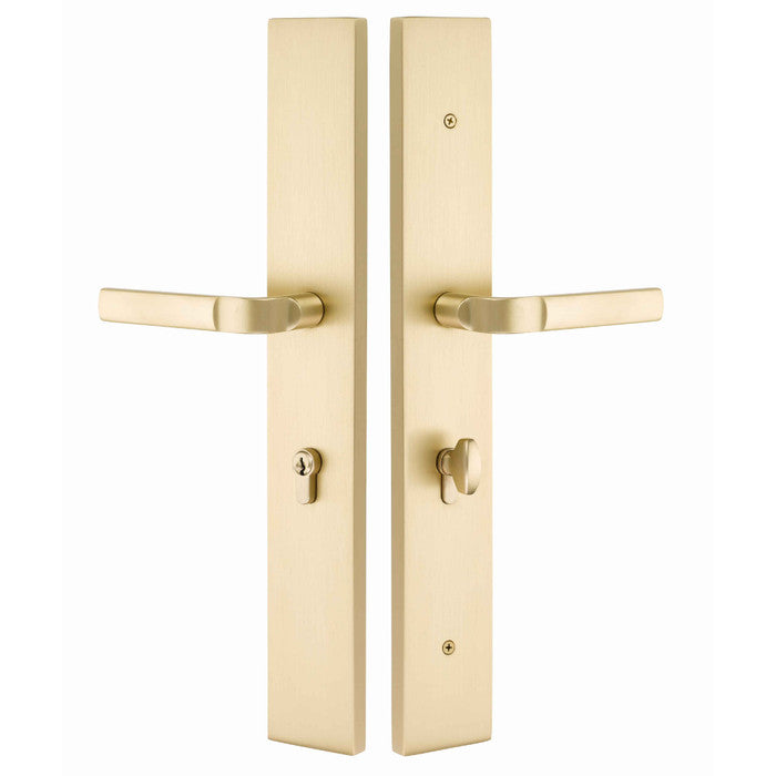 Emtek 1L1R51 Multi Point Lock Trim (Large Multi Point Entry Set) - Brass Plates, Modern Rectangular Style (2.9" x 17.5"), Keyed with Euro Cylinder Hub BELOW Handle