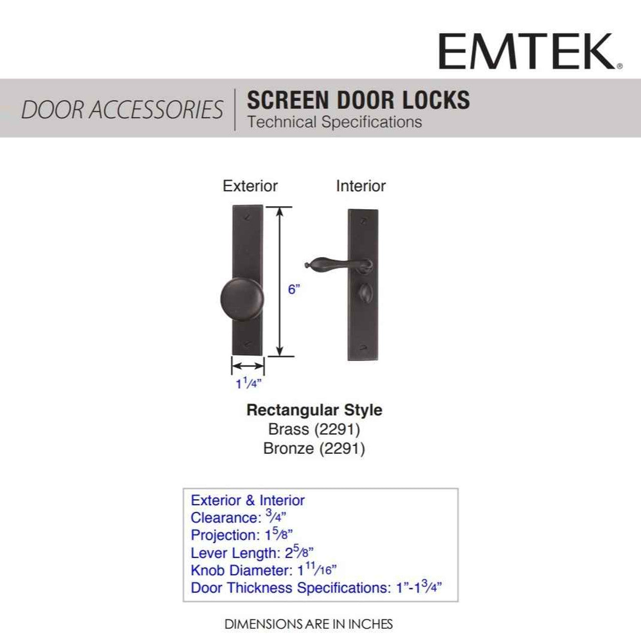 Emtek 2291 Screen Door Lock- Rectangle Style