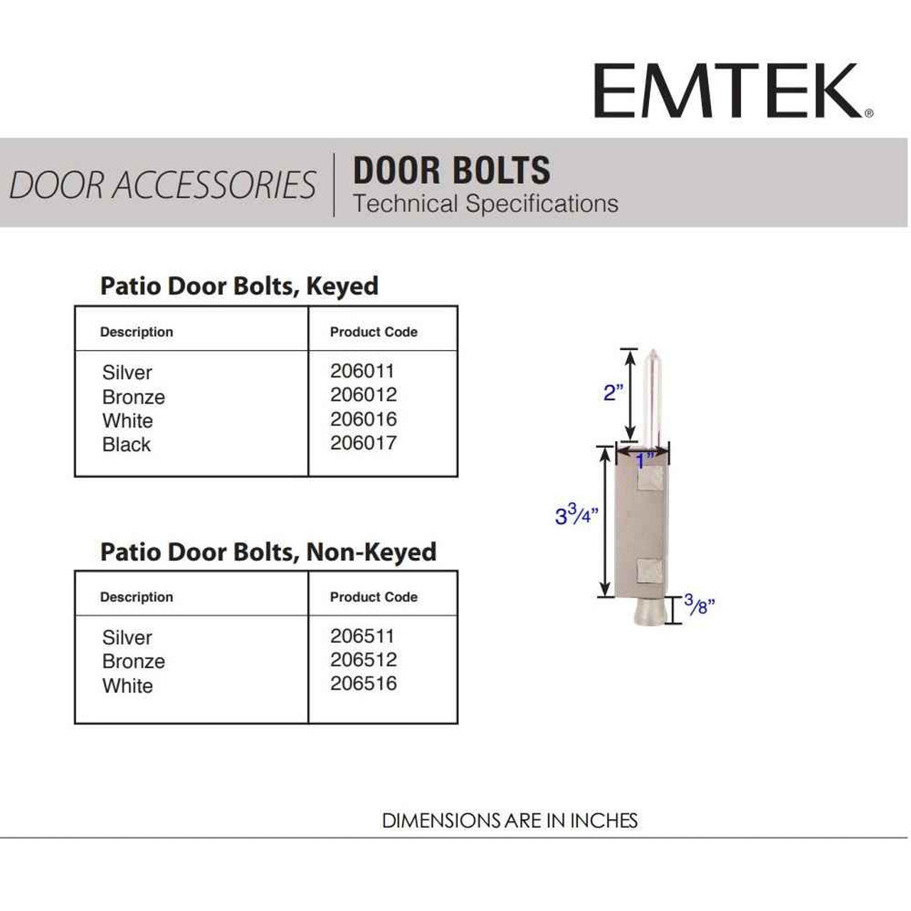 Emtek 2060 Keyed Patio Door Bolt