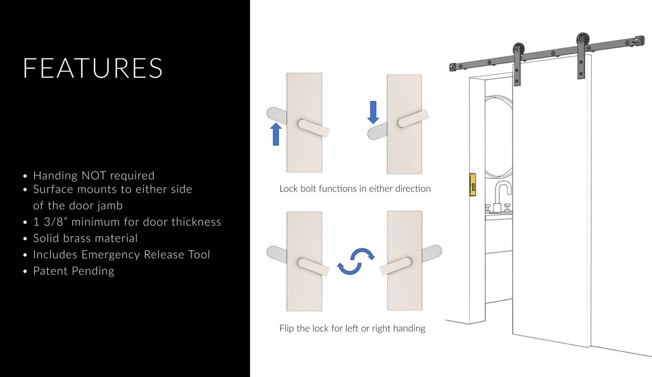 Emtek 222202 Modern Rectangular Barn Door Privacy Lock and Flush Pull with Integrated Strike