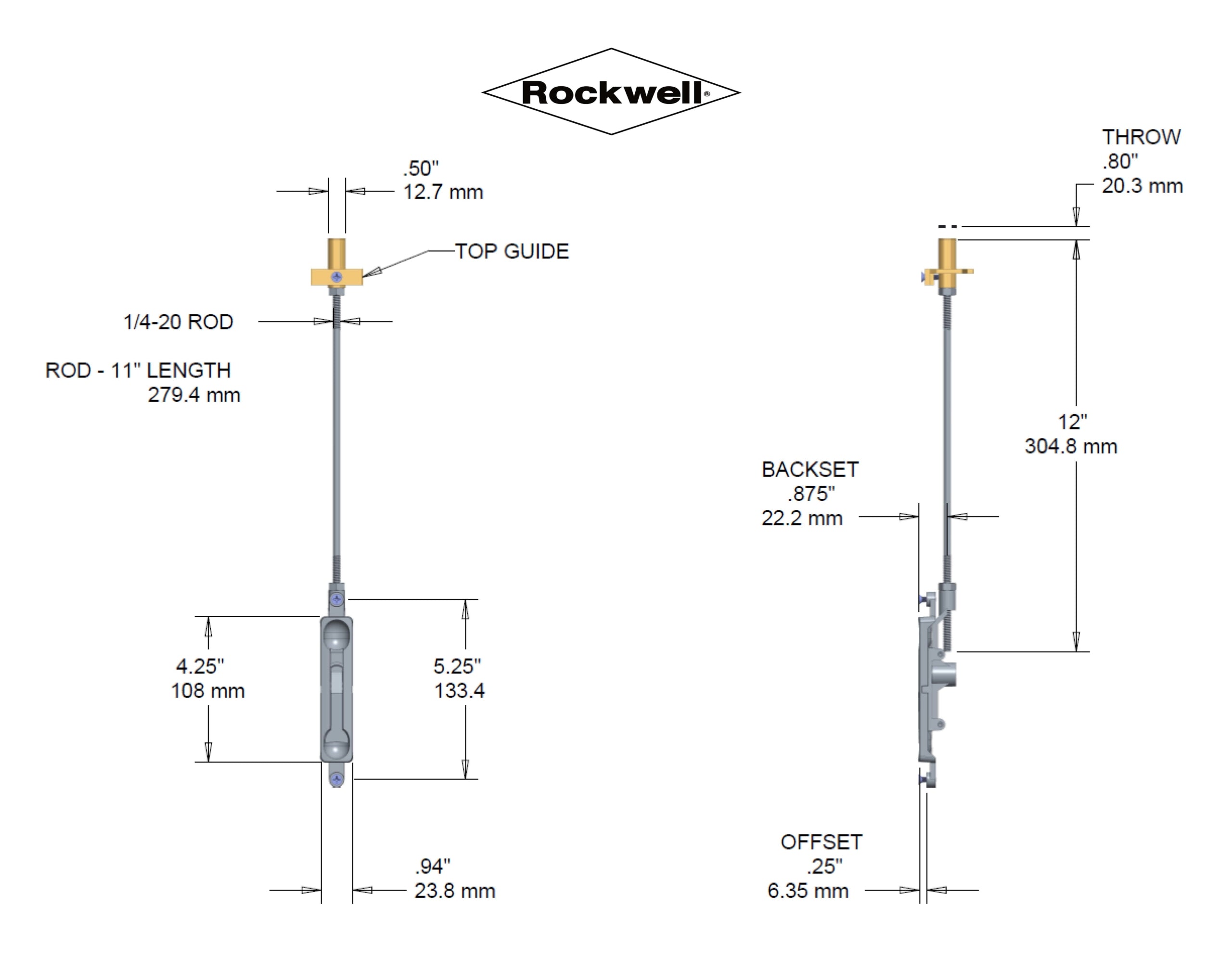 SFFB3AL Rockwell Flush Bolt in Aluminum finish – 1/4″ Backset, 12″ Rod
