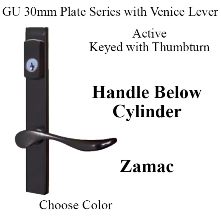 G-U VENICE HANDLE & 30MM PLATE, ZAMAC, ACTIVE, KEY & THUMBTURN (HANDLE BELOW CYLINDER) CHOOSE COLOR