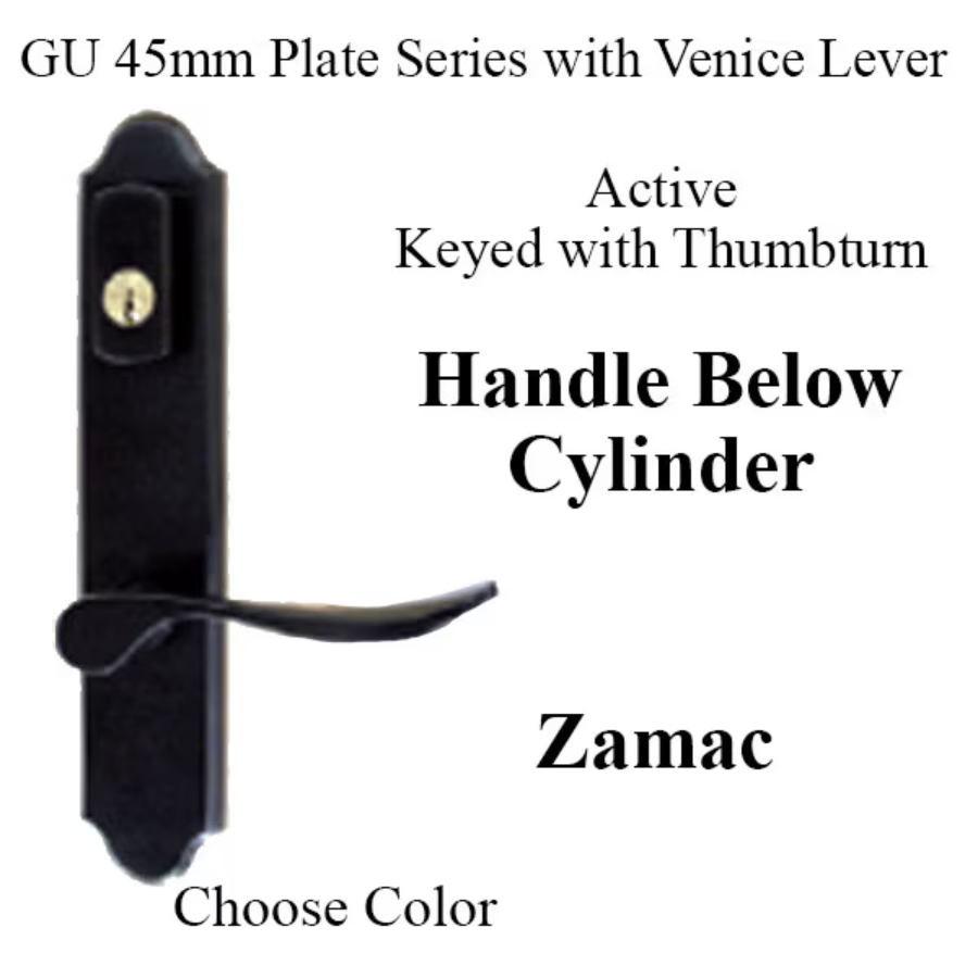 G-U VENICE HANDLE & 45MM PLATE, ZAMAC, ACTIVE, KEY & THUMBTURN (HANDLE BELOW CYLINDER) CHOOSE COLOR