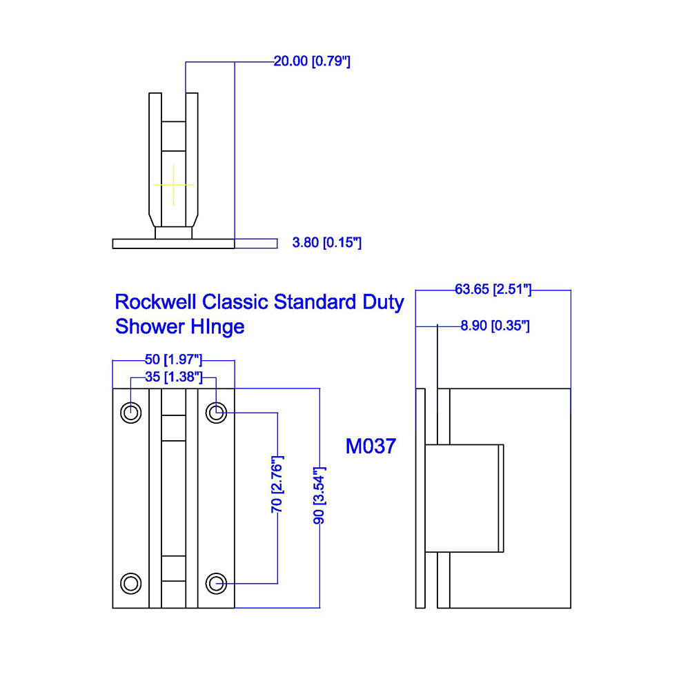 M-037PC Wall to Glass Square Shower Door Hinge in Chrome Finish for Frameless Heavy Glass Shower Doors