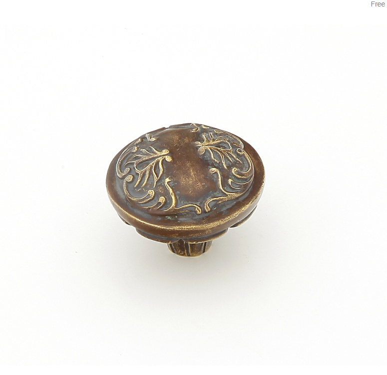 Schaub Cantata Round Knob - Scrolled designs with Petals on base in Monticello Brass Finish
