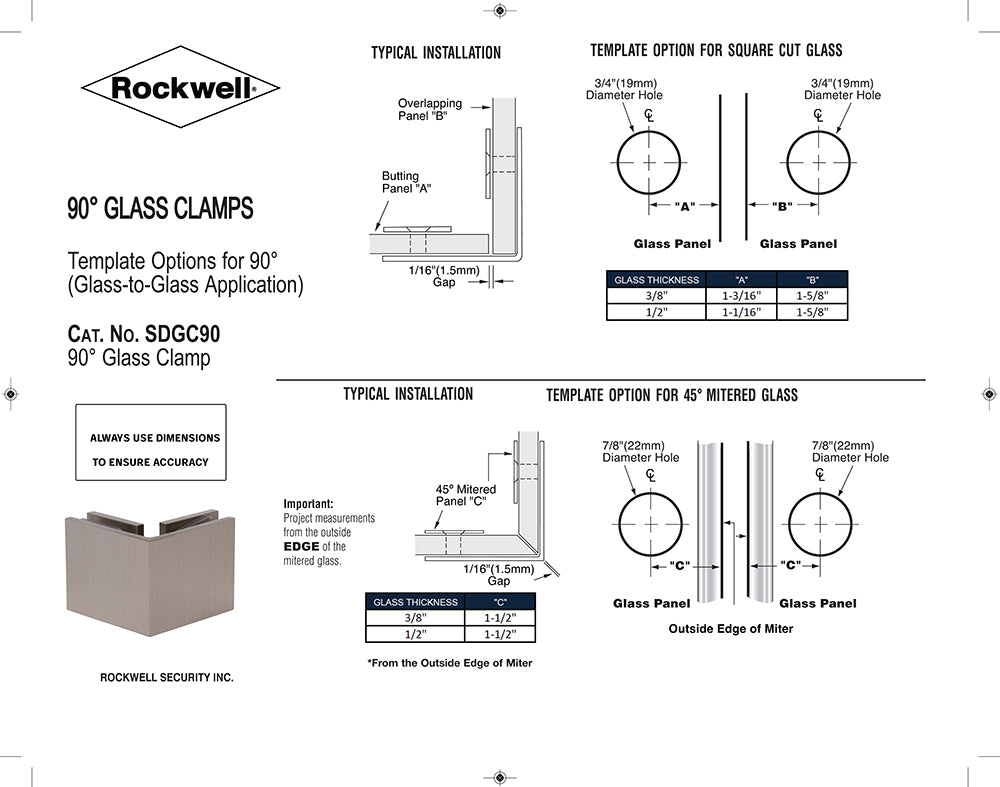 SDGQ90CP Rockwell Square 90° Glass to Glass Clamp in Polished Chrome Finish