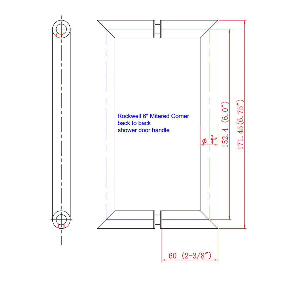 SDH6MCTBS Rockwell 6" Back to Back Tubular Mitered Corner Handle in Brushed Nickel Finish for Heavy Glass Frameless Shower Door