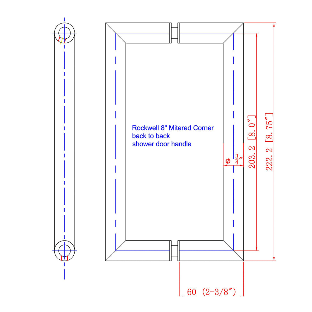 SDH8MCTBS Rockwell 8" Back to Back Tubular Mitered Corner Handle in Brushed Nickel Finish for Heavy Glass Frameless Shower Doors