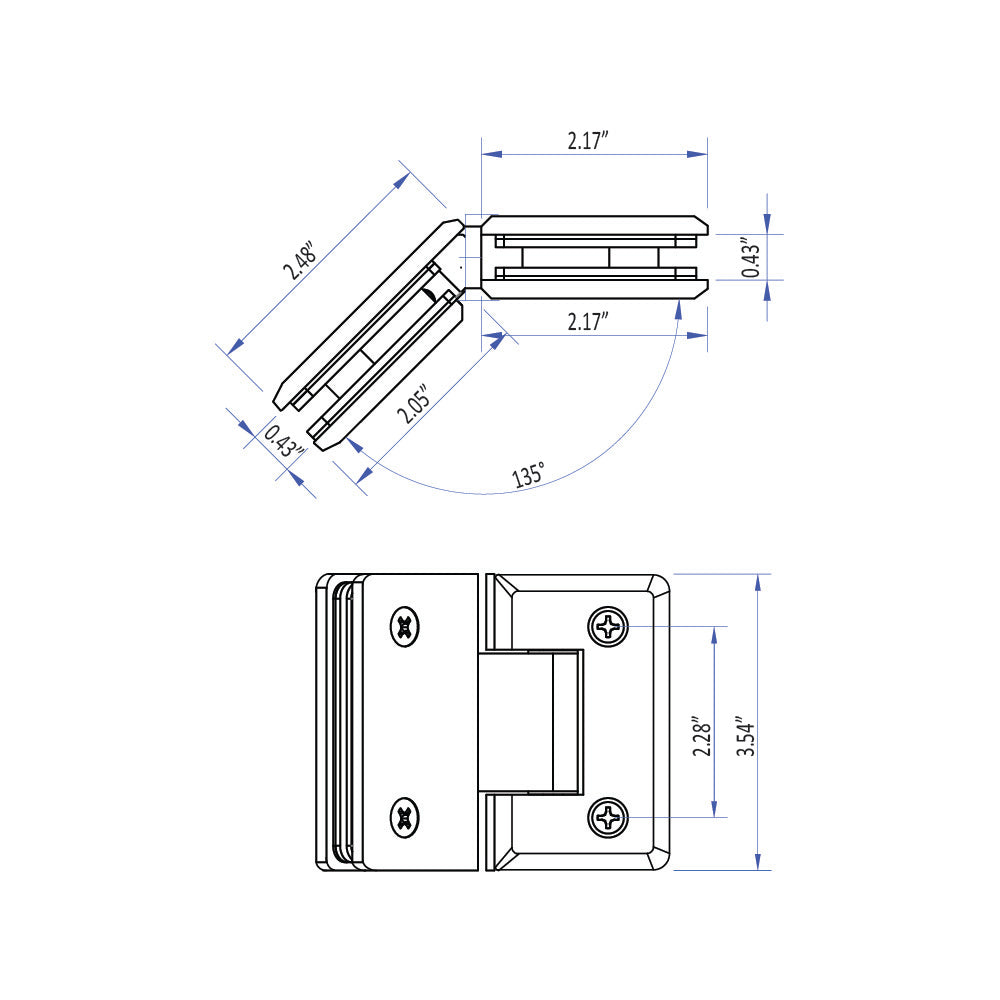 SHB135BN-0C 135 Degree Glass to Glass Bevelled Shower Hinge in Brushed Nickel Finish for Frameless Heavy Glass Shower Doors