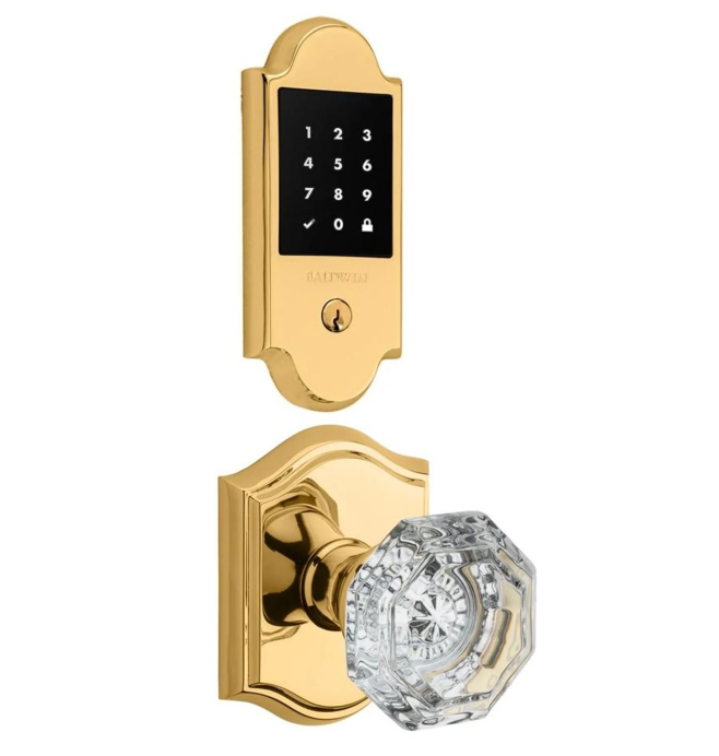 Baldwin Boulder Touchscreen Electronic Deadbolt and Crystal Passage Knob Set with Arch Rose