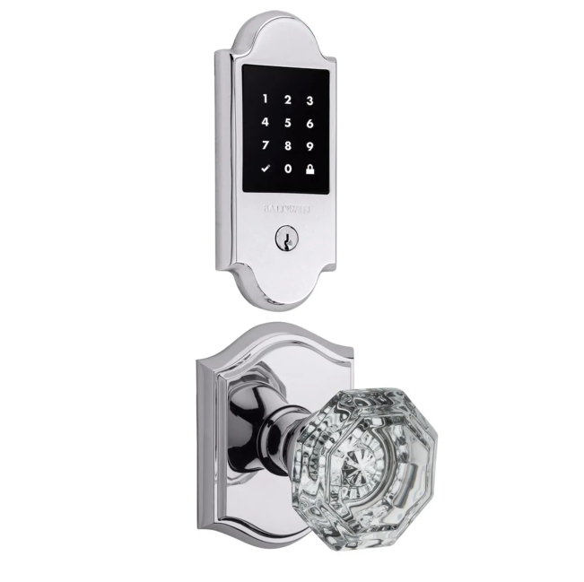 Baldwin Boulder Touchscreen Electronic Deadbolt and Crystal Passage Knob Set with Arch Rose