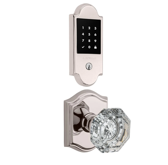Baldwin Boulder Touchscreen Electronic Deadbolt and Crystal Passage Knob Set with Arch Rose
