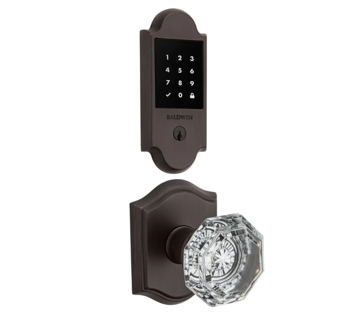 Baldwin Boulder Touchscreen Electronic Deadbolt and Crystal Passage Knob Set with Arch Rose