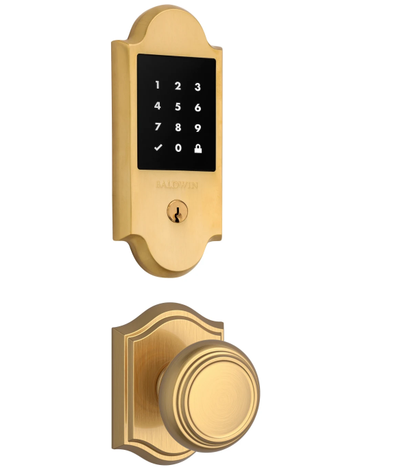 Baldwin Boulder Touchscreen Electronic Deadbolt with Z-Wave Technology and Crystal Passage Knob Set with Arch Rose