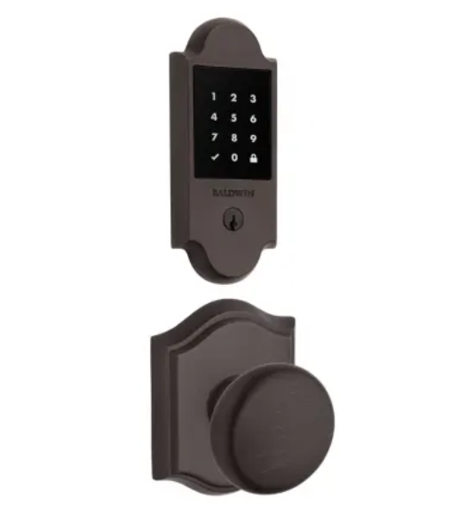 Baldwin Boulder Touchscreen Electronic Deadbolt with Z-Wave Technology and Round Passage Knob Set with Arch Rose