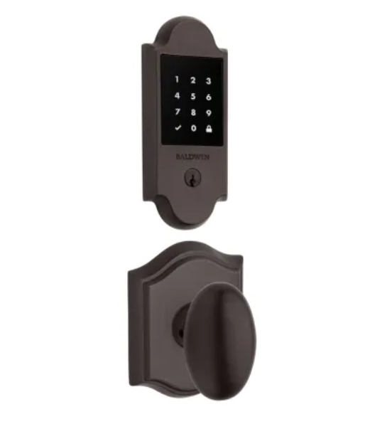 Baldwin Boulder Touchscreen Electronic Deadbolt with Z-Wave Technology and Ellipse Passage Knob Set with Arch Rose