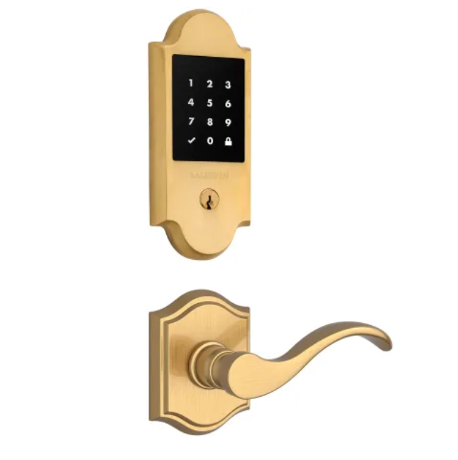 Baldwin Boulder Touchscreen Electronic Deadbolt with Z-Wave Technology and Curve Passage Lever Set with Arch Rose