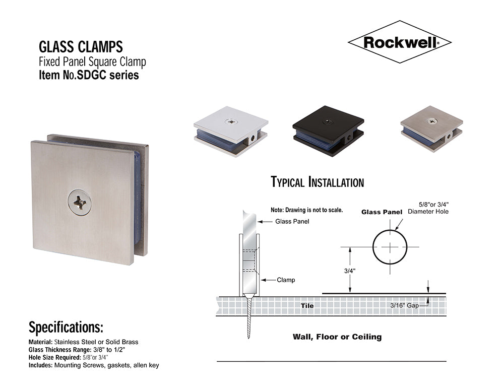 SDGCSBSN Square Wall Mount Glass Clamp in Brushed Nickel Finish