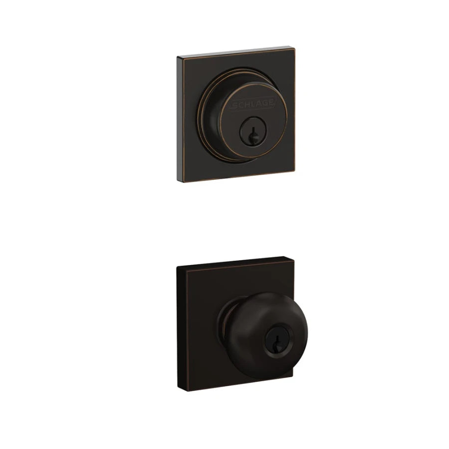 Schlage Plymouth Single Cylinder Keyed Entry Door Knob Set and Collins Deadbolt Combo with Collins Rose