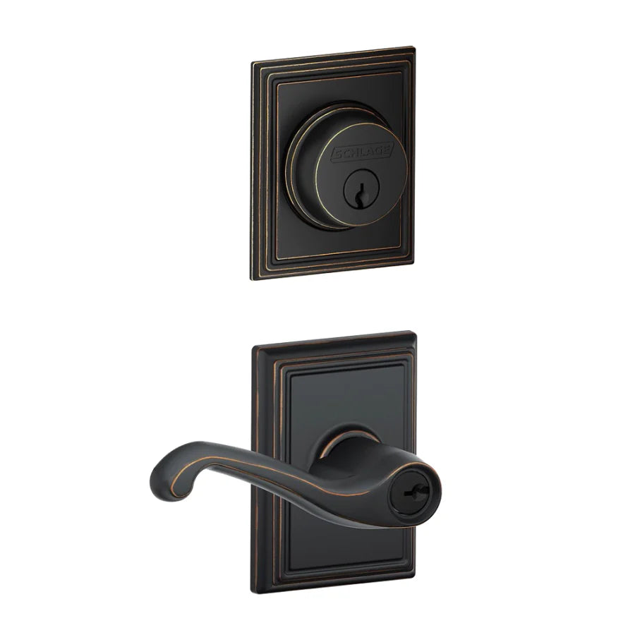 Schlage Flair Single Cylinder Keyed Entry Door Lever Set and Addison Deadbolt Combo with Addison Rose