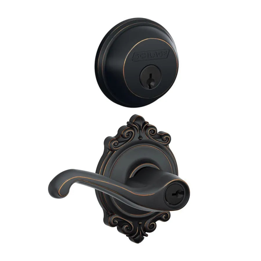Schlage Flair Single Cylinder Keyed Entry Door Lever Set and Deadbolt Combo with Brookshire Rose