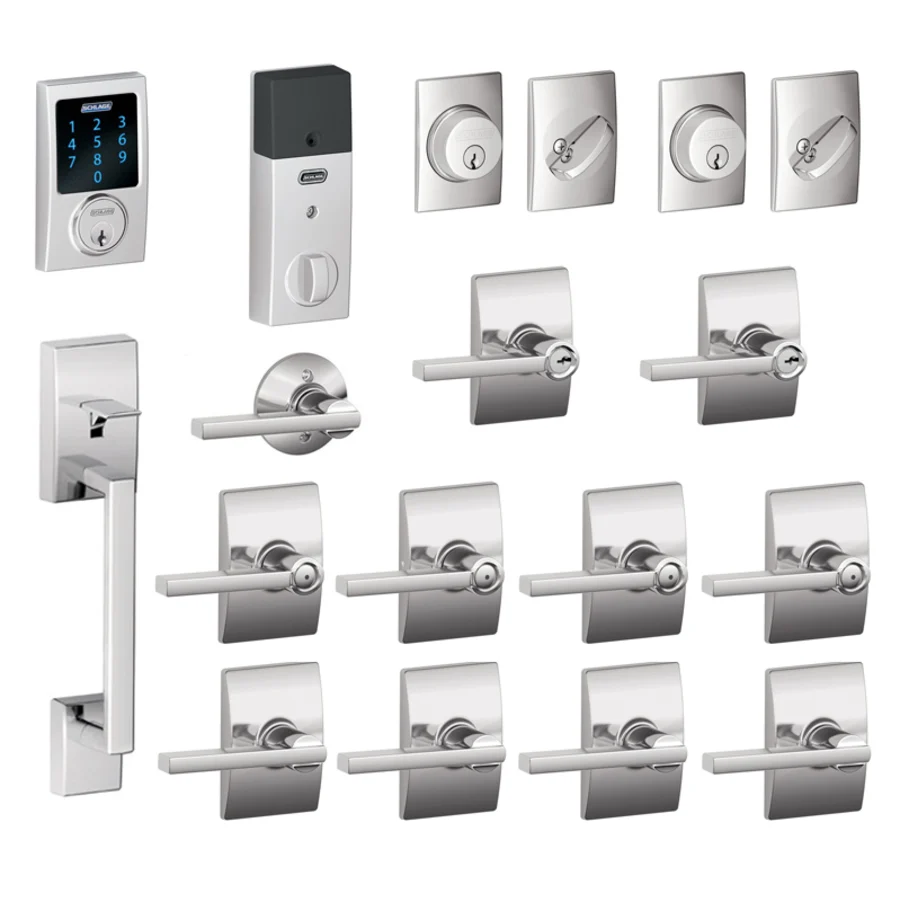 Schlage Century Complete House Door Hardware Package with Latitude Interior Levers and Connect Touchscreen Keyless Entry and Single Cylinder Exterior Front Door Handleset