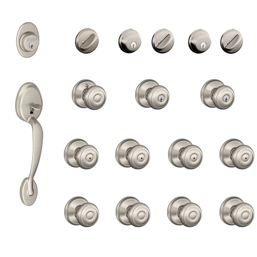 Schlage Plymouth Complete House Door Hardware Package with Georgian Interior Knobs and Single Cylinder Exterior Front Door Handleset