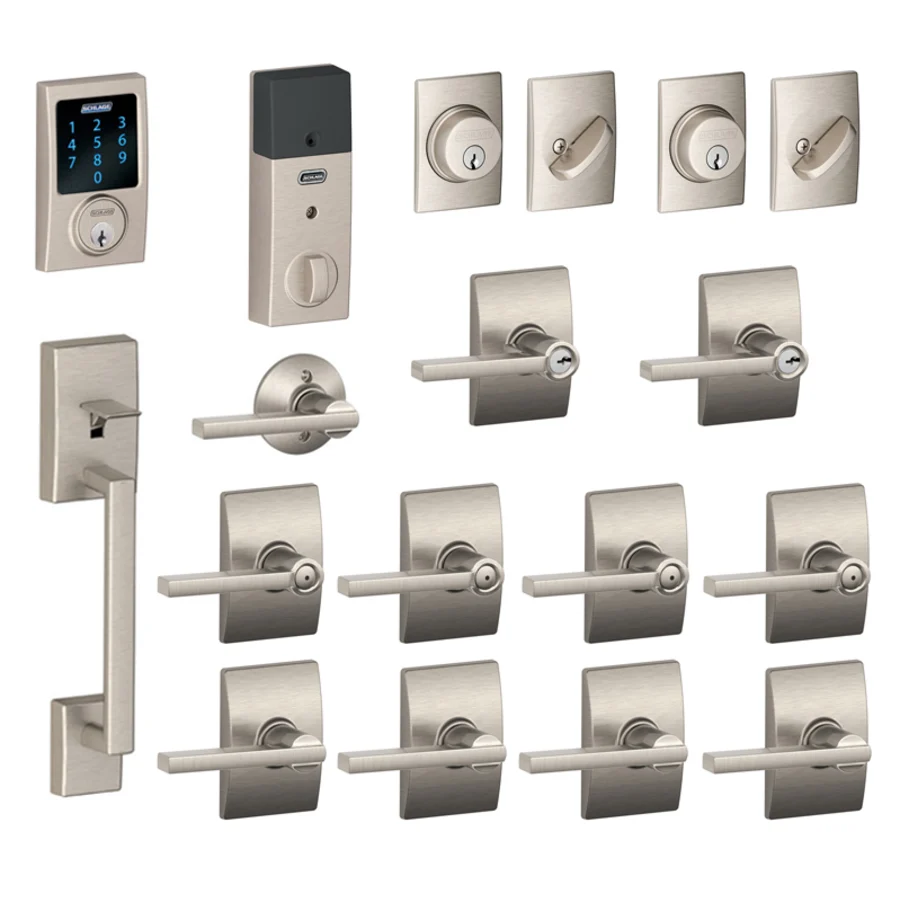 Schlage Century Complete House Door Hardware Package with Latitude Interior Levers and Connect Touchscreen Keyless Entry and Single Cylinder Exterior Front Door Handleset