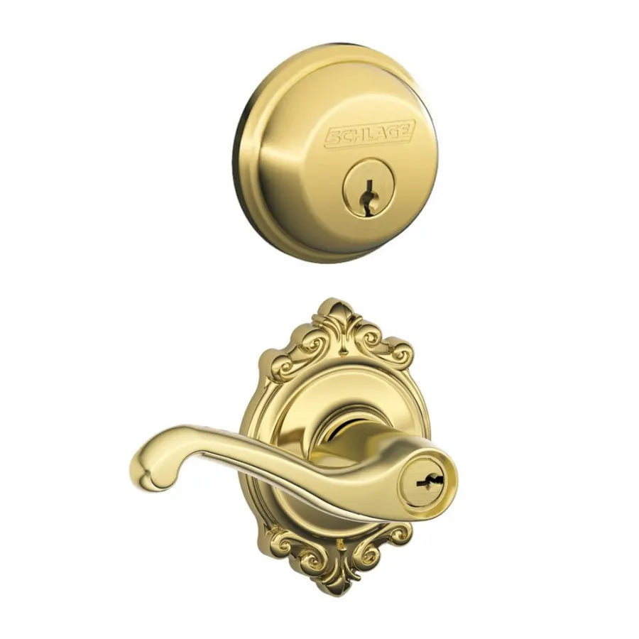 Schlage Flair Single Cylinder Keyed Entry Door Lever Set and Deadbolt Combo with Brookshire Rose
