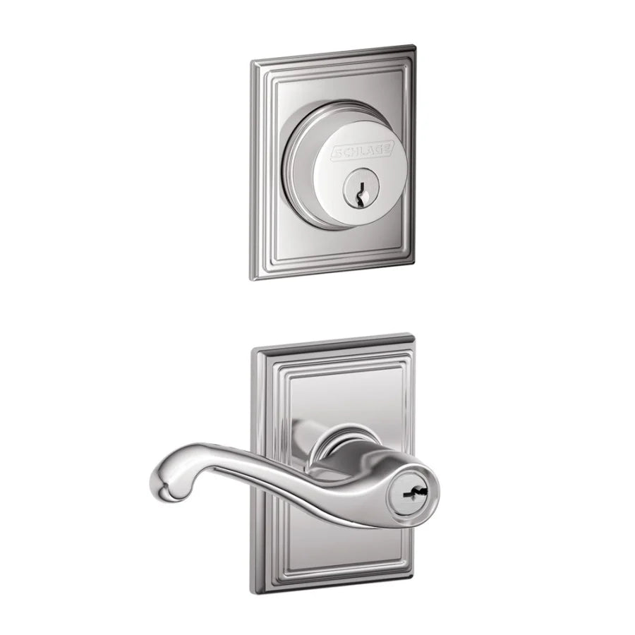 Schlage Flair Single Cylinder Keyed Entry Door Lever Set and Addison Deadbolt Combo with Addison Rose