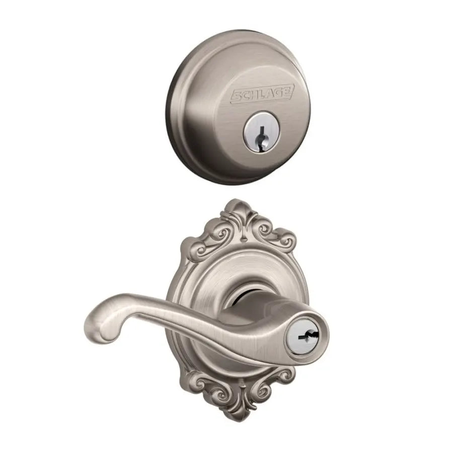 Schlage Flair Single Cylinder Keyed Entry Door Lever Set and Deadbolt Combo with Brookshire Rose