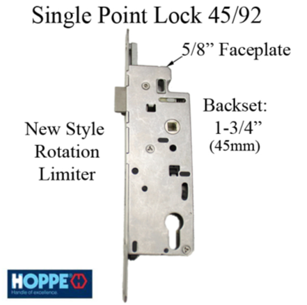 Hoppe Mortise Single Point Lock - 14mm Deadbolt Throw, 16mm Faceplate, 45/92 Gear