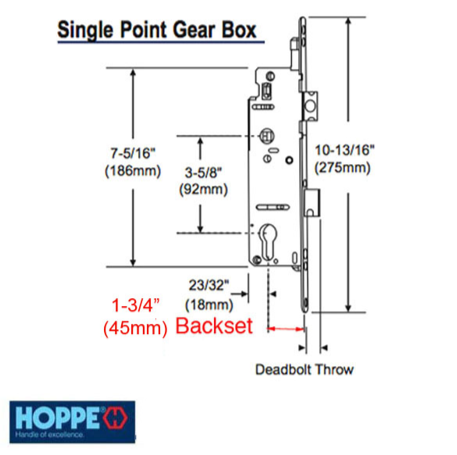 Hoppe Mortise Single Point Lock - 14mm Deadbolt Throw, 16mm Faceplate, 45/92 Gear
