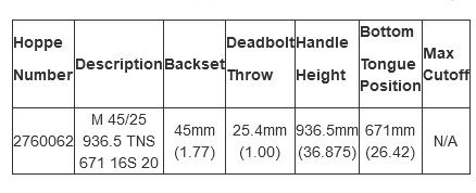 Hoppe Multipoint 1.77" Backset Manual Gear with Tongue/ Shootbolt Bottom Extension