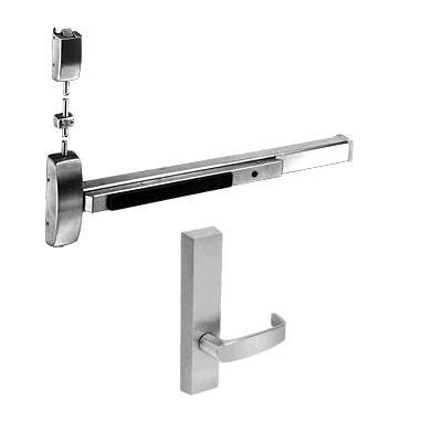 Sargent 12-NB-8715-G-ETL-84-US32D 48" (12) Fire Rated Surface Vertical Rod Exit Device, Less Bottom Rod, ETL Trim, Passage Lever, 84" Door Height, US32D/630 Satin Stainless Steel Finish