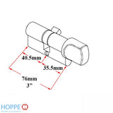 35.5/40.5 Hoppe 76mm Euro 90° Profile cylinder, small thumb turn - Stainless Steel