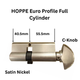HOPPE 40.5/55.5 Euro Profile Full Cylinder – Satin Nickel (Key/C-Knob, 90° Turn)