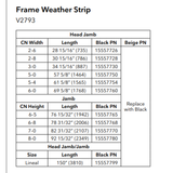 Marvin V2793 Frame Weather Strip with 30-15/16” (786mm)  Length for 2–8(32") Doors – Black – Head Jamb Replacement Seal